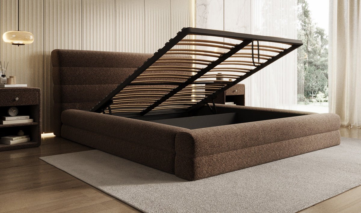 Designer Polsterbett Maren in Strukturstoff mit Stauraum
