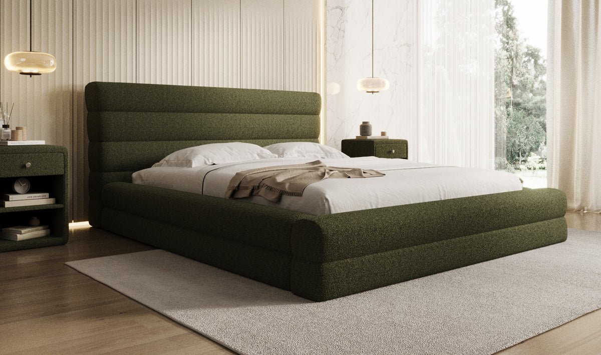 Designer Polsterbett Maren in Teddy Bouclé mit Stauraum