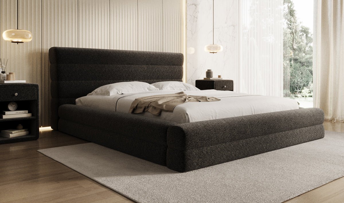 Designer Polsterbett Maren in Strukturstoff mit Stauraum