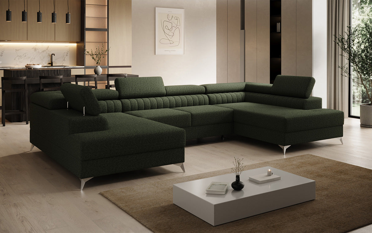 Designer Sofa Aurea U mit Schlaf- und Klappfunktion in Bouclé