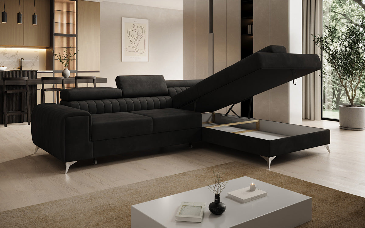 Designer Ecksofa Aurea mit Schlaf- und Klappfunktion in Samt