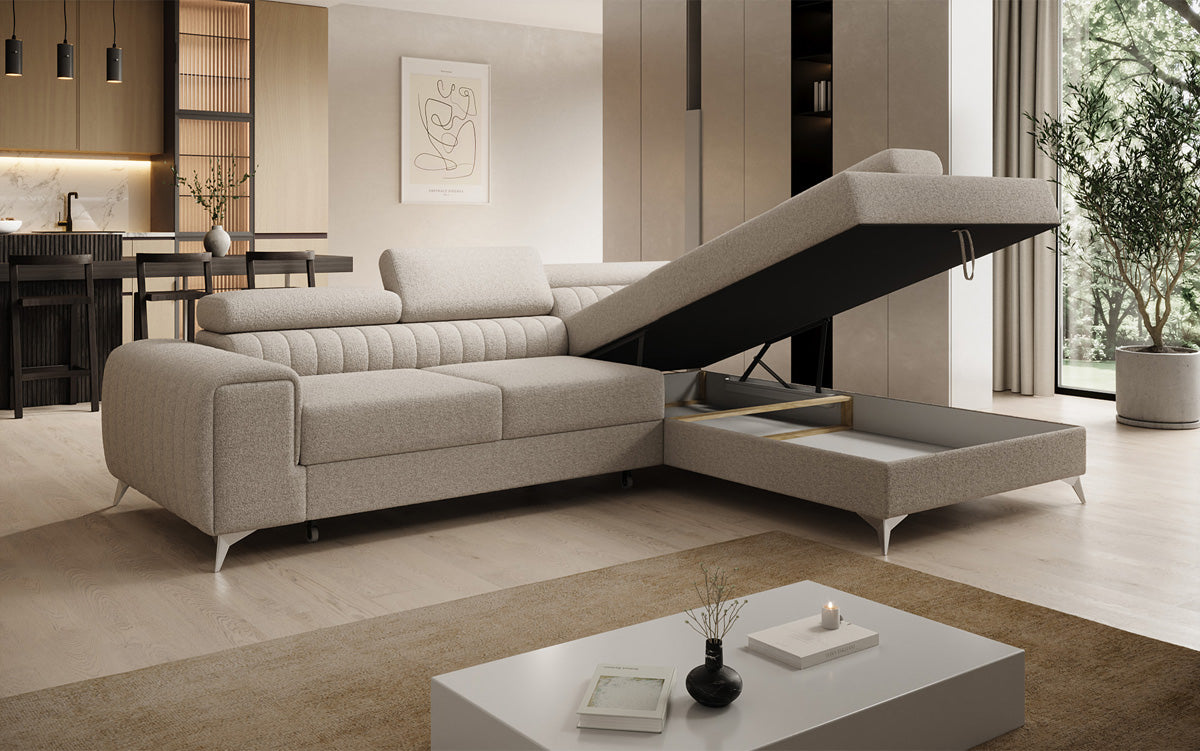 Designer Ecksofa Aurea mit Schlaf- und Klappfunktion in Bouclé