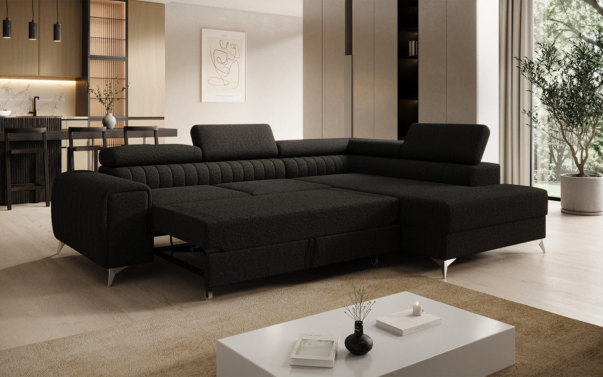 Designer Ecksofa Aurea mit Schlaf- und Klappfunktion in Bouclé