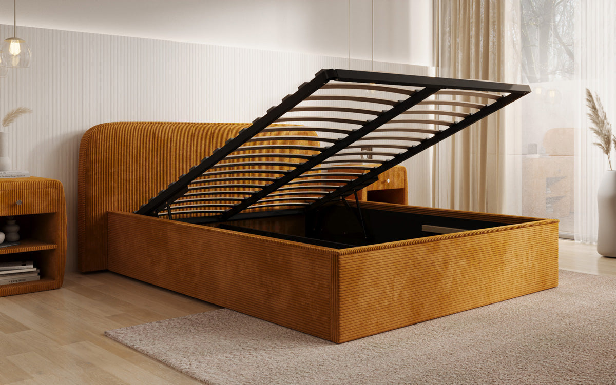 Designer Polsterbett Nola in Cord mit Stauraum