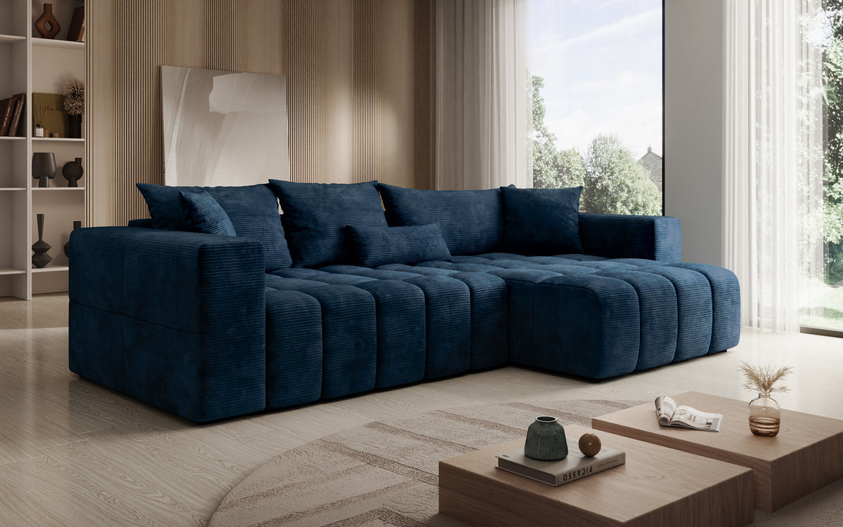 Designer Ecksofa Momo mit Schlaf- und Klappfunktion in Cord