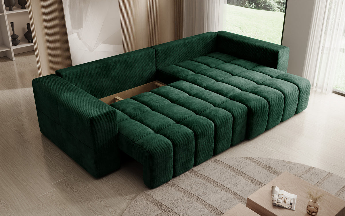 Designer Ecksofa Momo mit Schlaf- und Klappfunktion in Cord