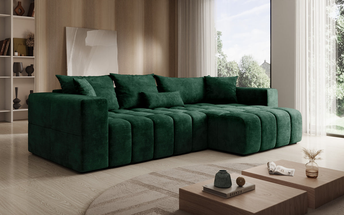 Designer Ecksofa Momo mit Schlaf- und Klappfunktion in Cord