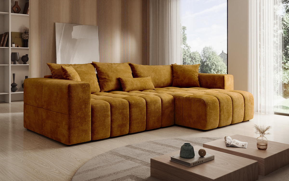 Designer Ecksofa Momo mit Schlaf- und Klappfunktion in Cord