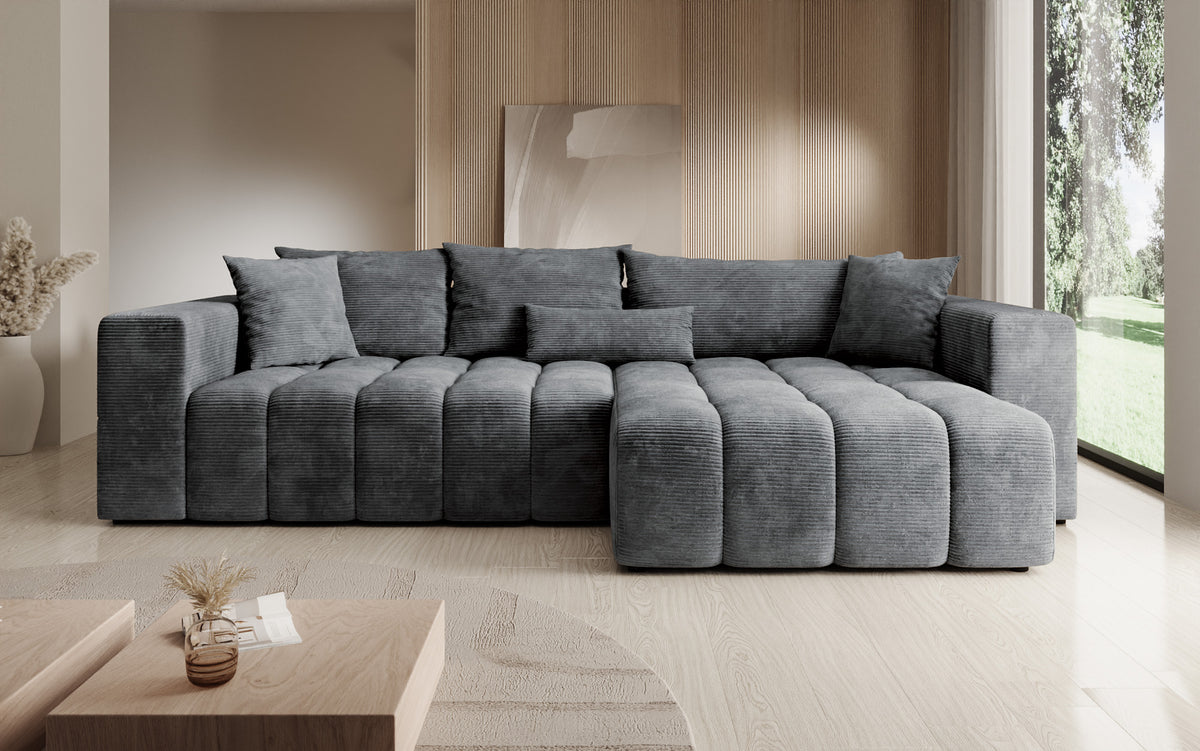 Designer Ecksofa Momo mit Schlaf- und Klappfunktion in Cord