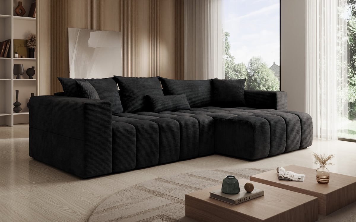Designer Ecksofa Momo mit Schlaf- und Klappfunktion in Cord