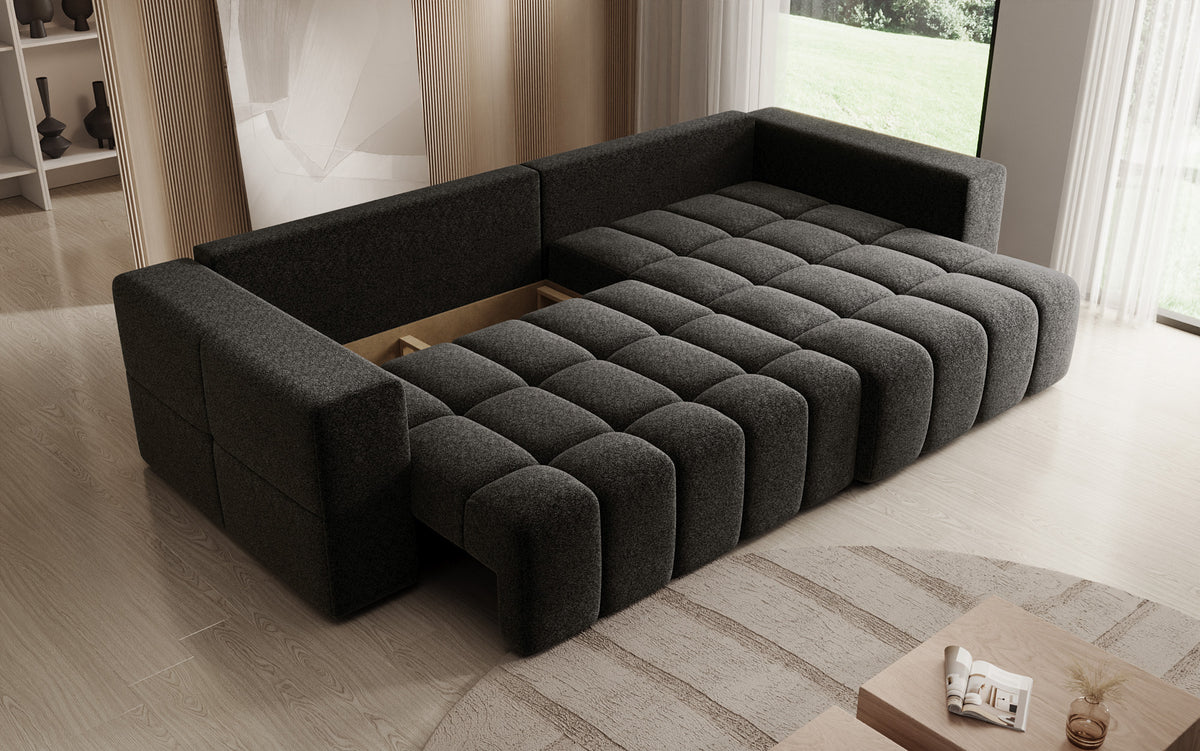 Designer Ecksofa Momo mit Schlaf- und Klappfunktion in Strukturstoff