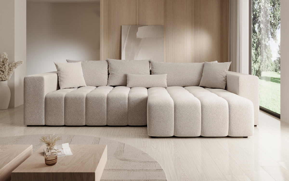 Designer Ecksofa Momo mit Schlaf- und Klappfunktion in Strukturstoff