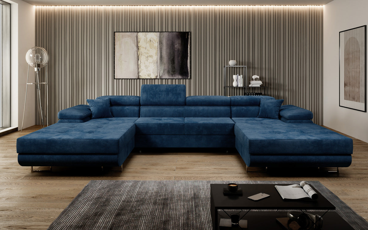 Designer Sofa Calvera U mit Schlaf- und Klappfunktion in Cord