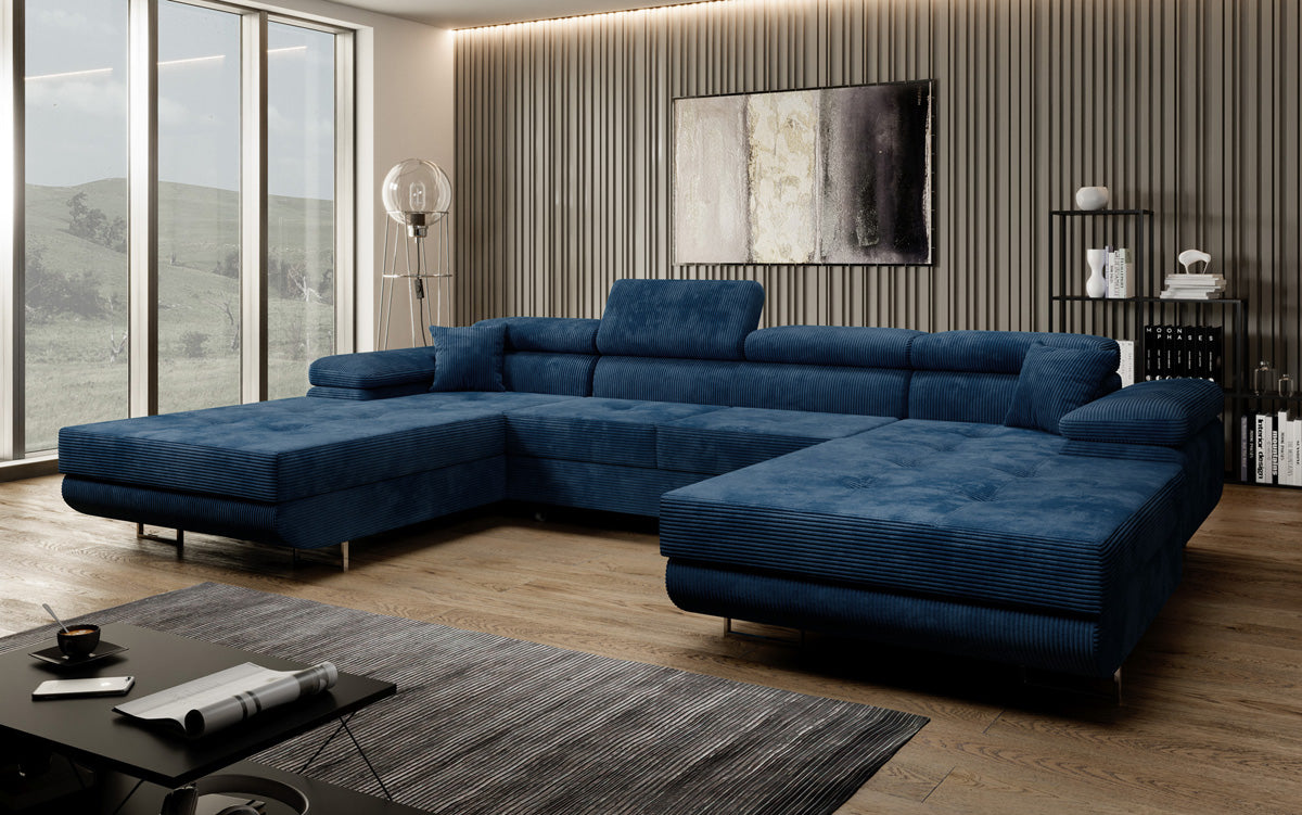 Designer Sofa Calvera U mit Schlaf- und Klappfunktion in Cord