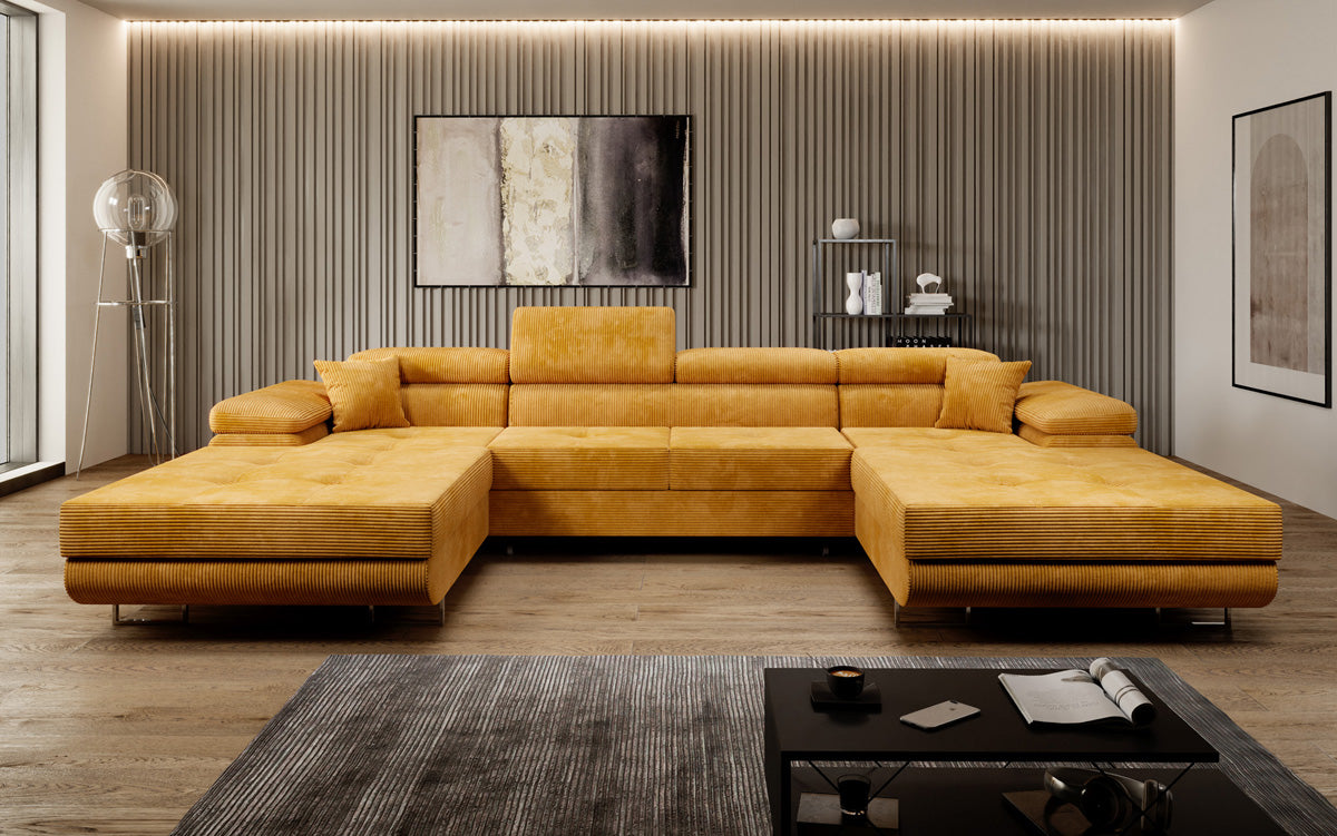 Designer Sofa Calvera U mit Schlaf- und Klappfunktion in Cord