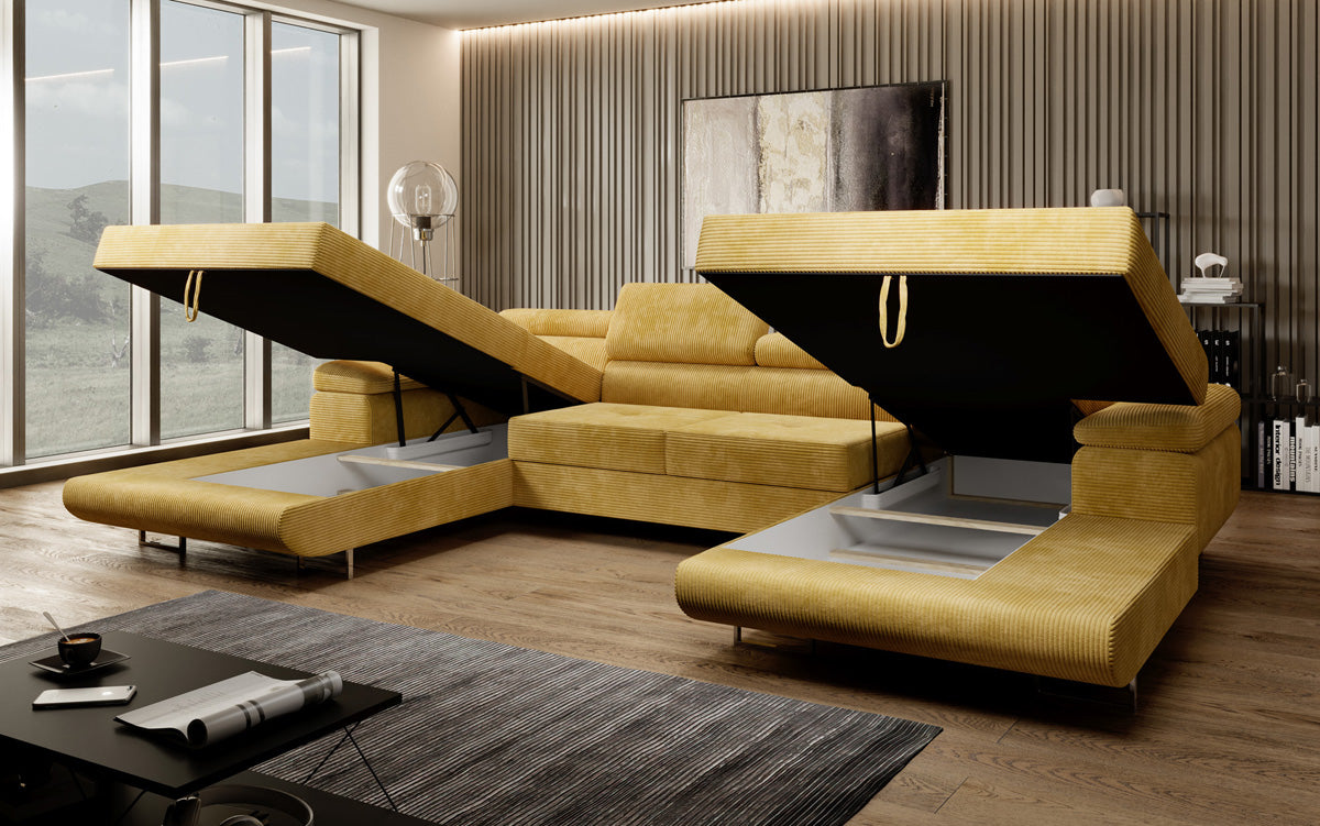 Designer Sofa Calvera U mit Schlaf- und Klappfunktion in Cord