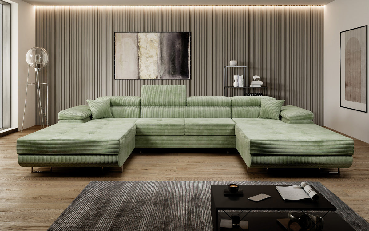 Designer Sofa Calvera U mit Schlaf- und Klappfunktion in Cord