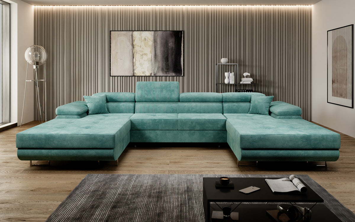 Designer Sofa Calvera U mit Schlaf- und Klappfunktion in Cord