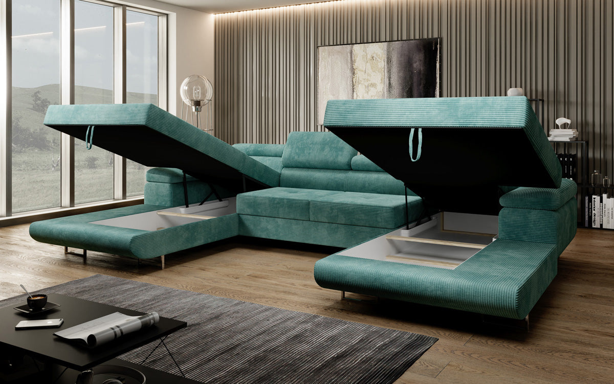 Designer Sofa Calvera U mit Schlaf- und Klappfunktion in Cord