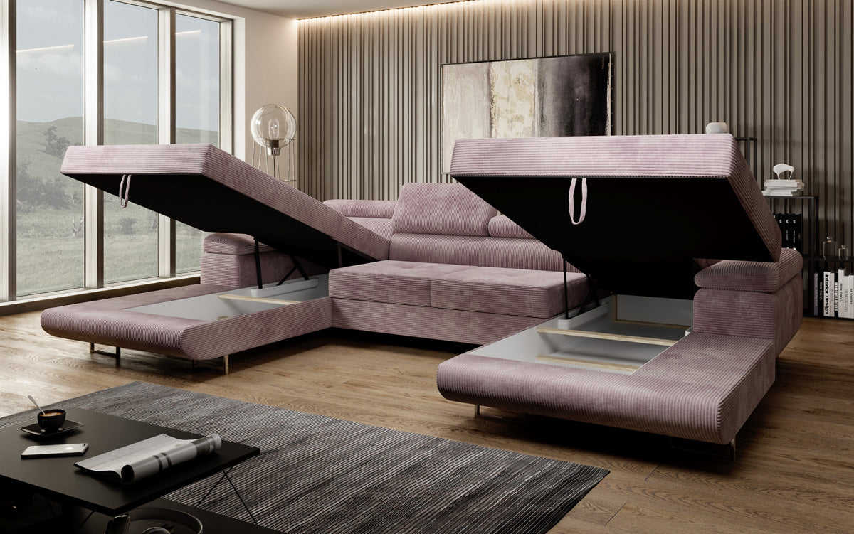 Designer Sofa Calvera U mit Schlaf- und Klappfunktion in Cord