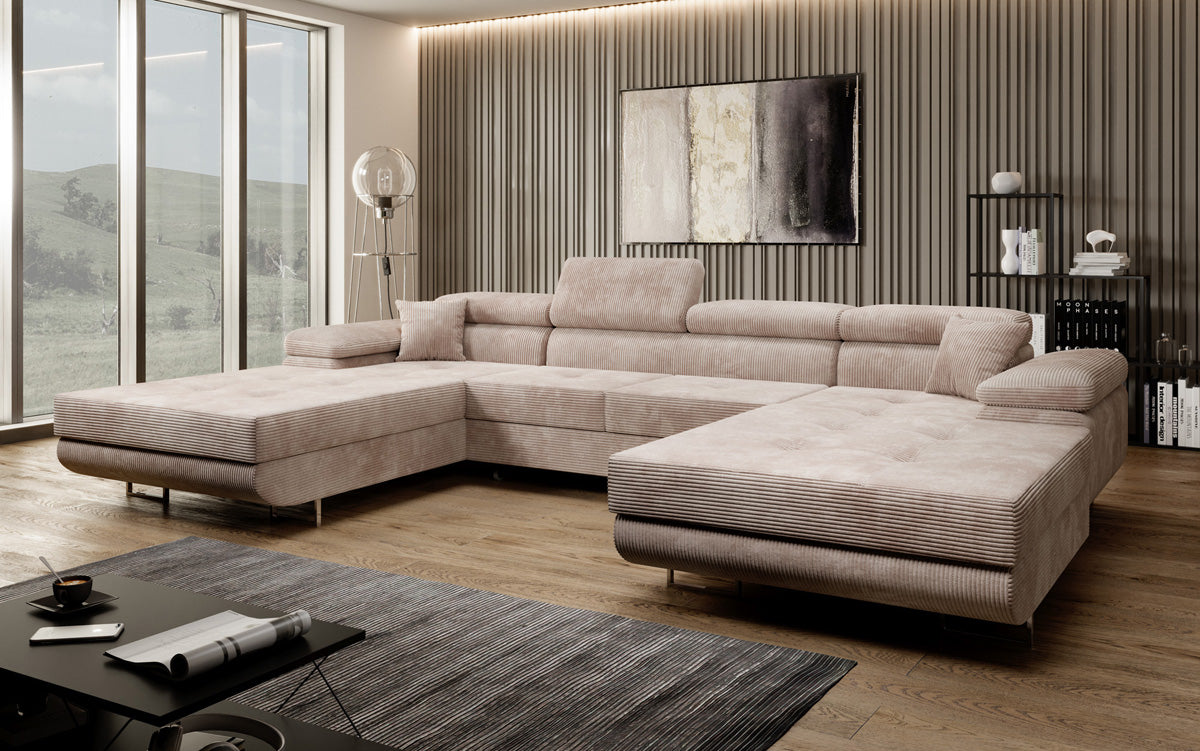 Designer Sofa Calvera U mit Schlaf- und Klappfunktion in Cord