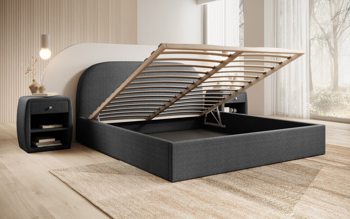 Designer Polsterbett Lorelei in Bouclé mit Stauraum