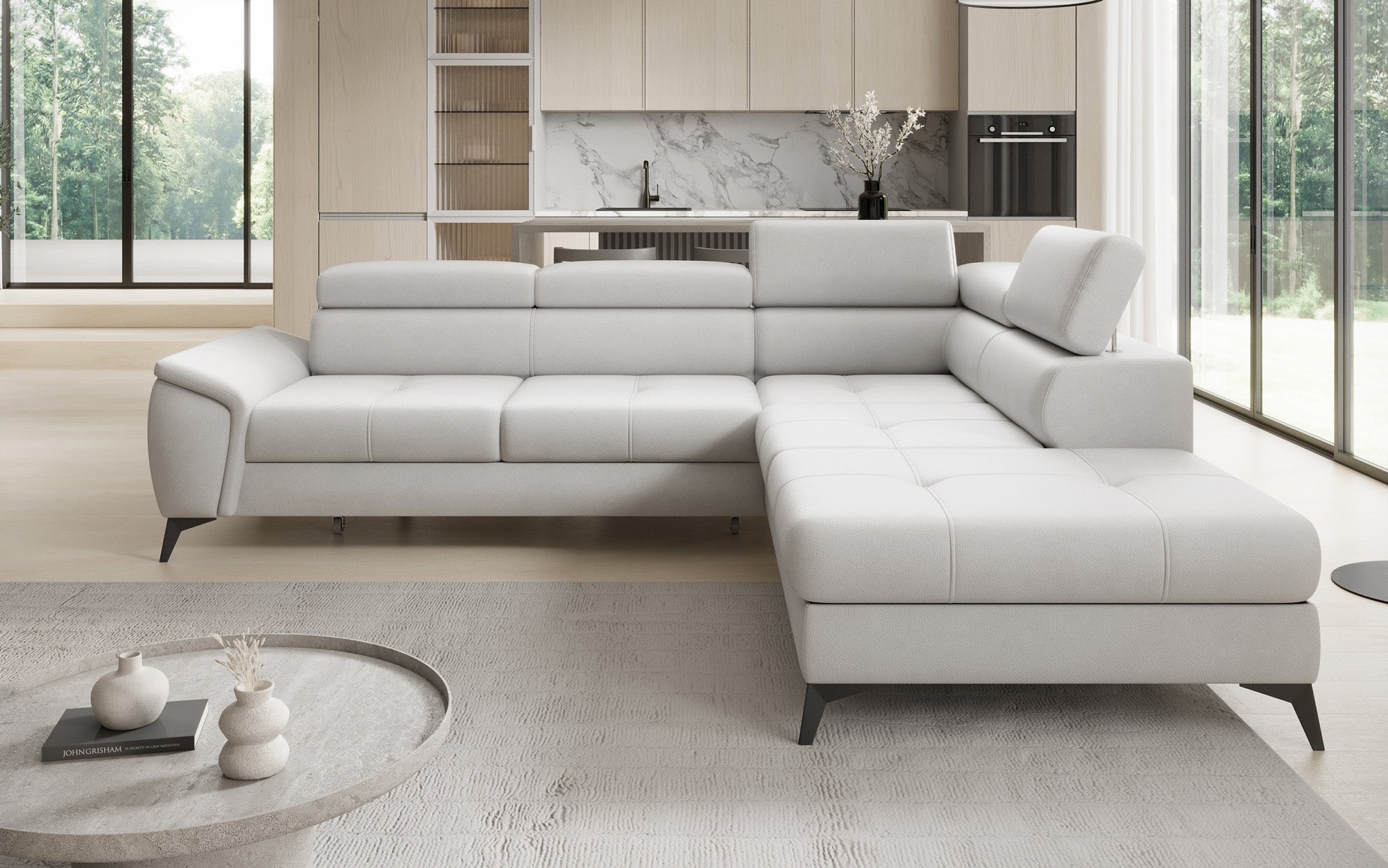 Designer L Sofa Aveline mit Schlaffunktion und Stauraum in Echtleder