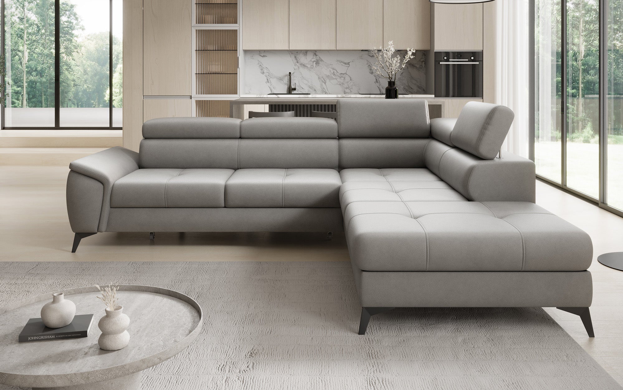 Designer L Sofa Aveline mit Schlaffunktion und Stauraum in Echtleder