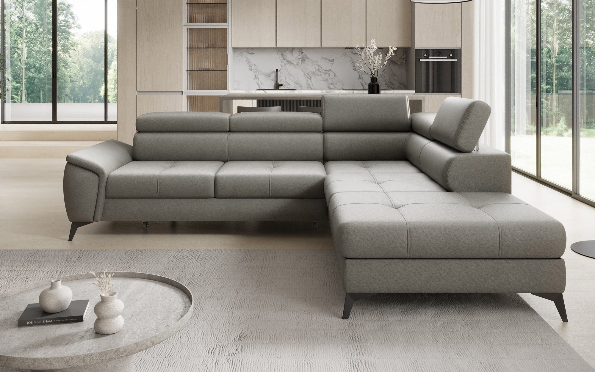 Designer L Sofa Aveline mit Schlaffunktion und Stauraum in Echtleder