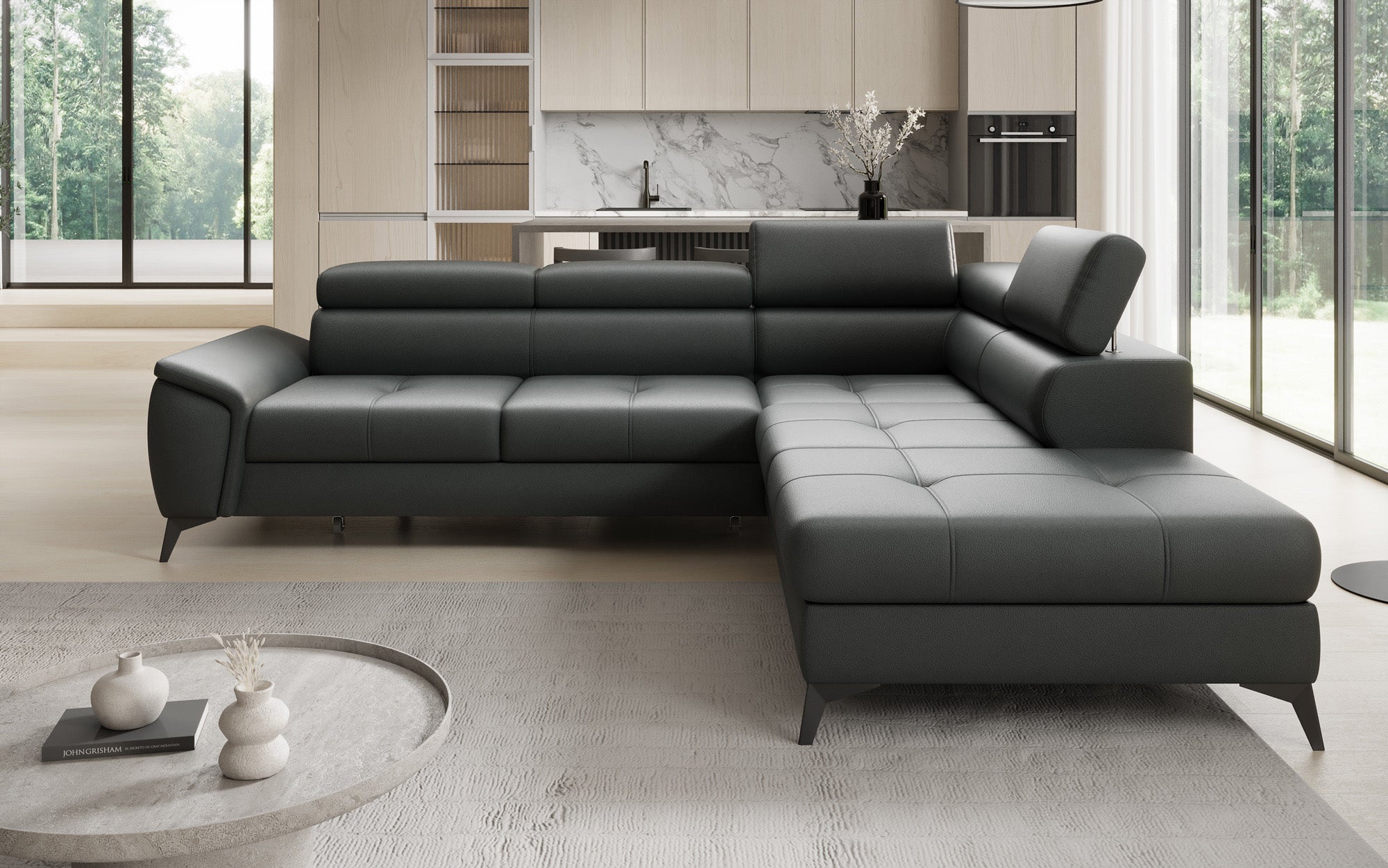 Designer L Sofa Aveline mit Schlaffunktion und Stauraum in Echtleder