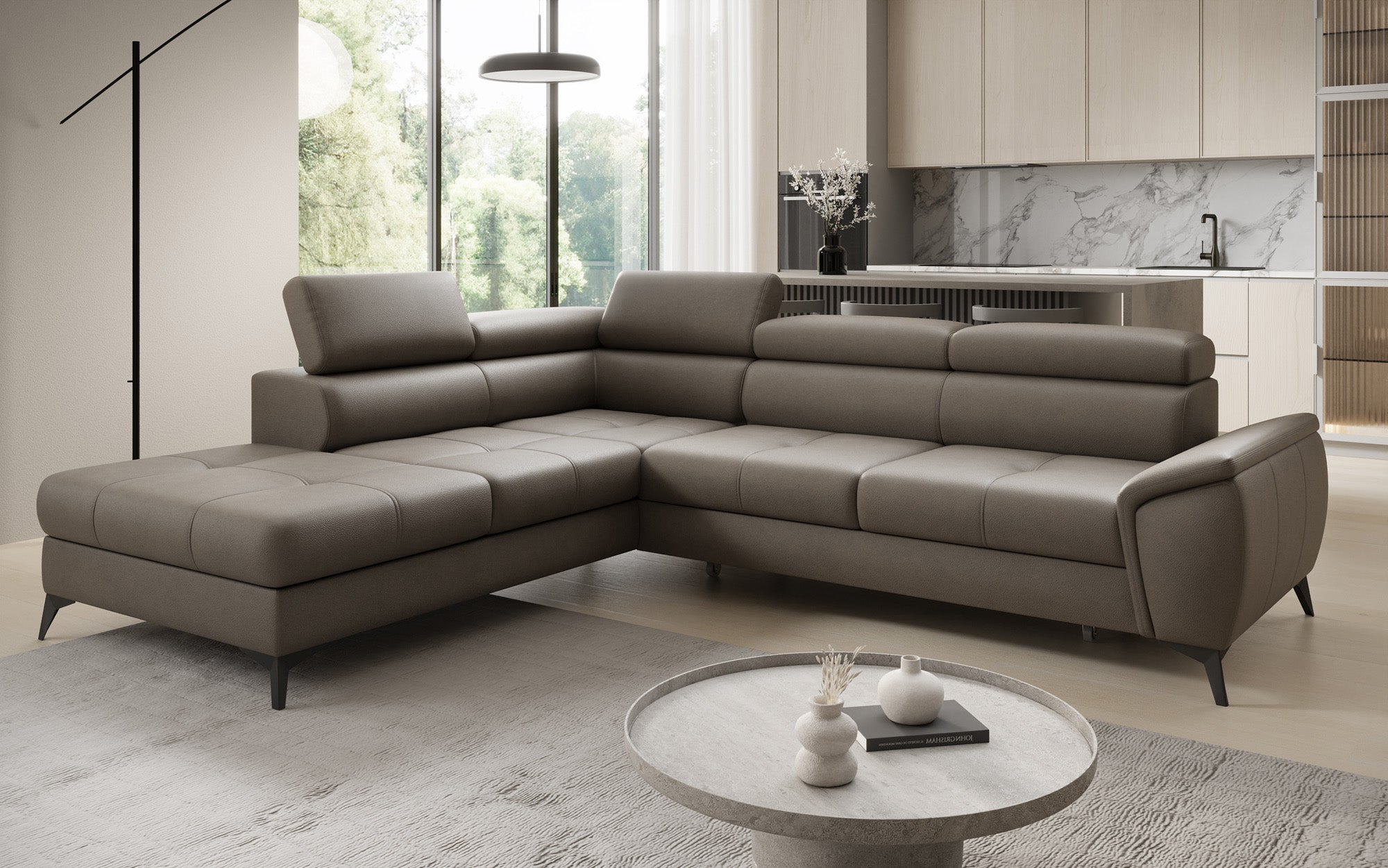Designer L Sofa Aveline mit Schlaffunktion und Stauraum in Echtleder