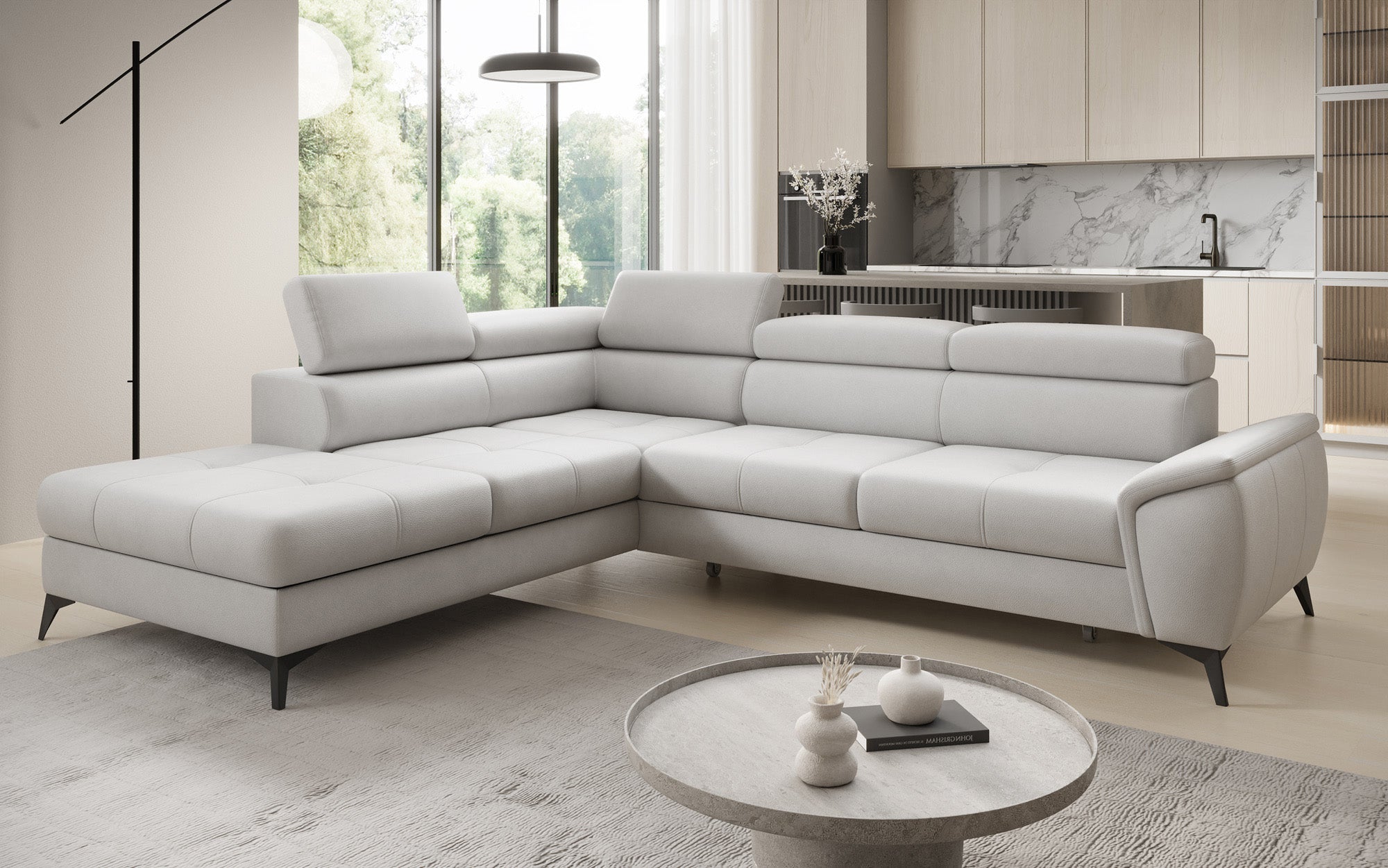 Designer L Sofa Aveline mit Schlaffunktion und Stauraum in Echtleder