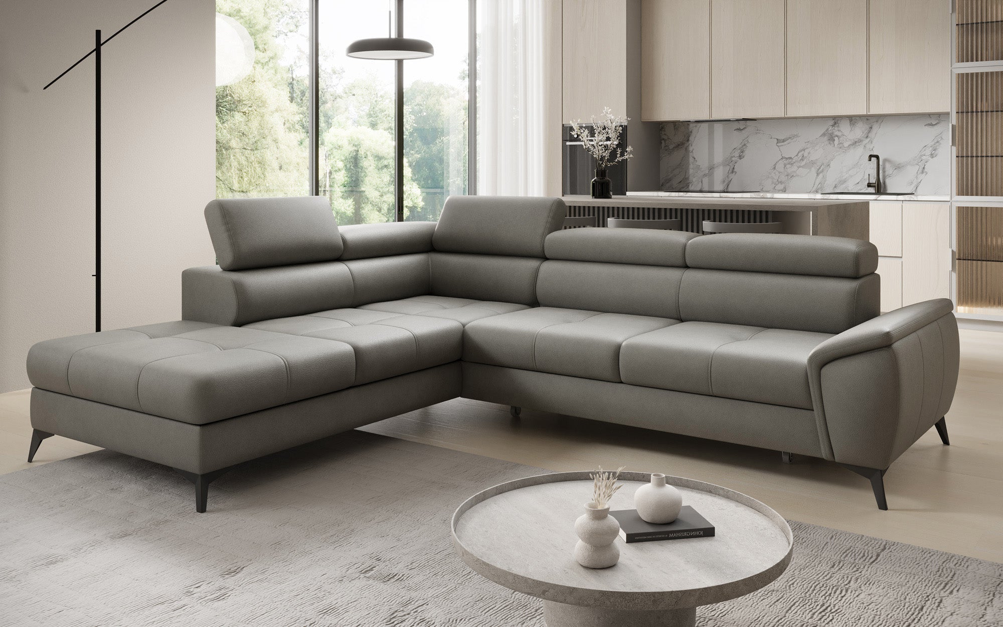 Designer L Sofa Aveline mit Schlaffunktion und Stauraum in Echtleder