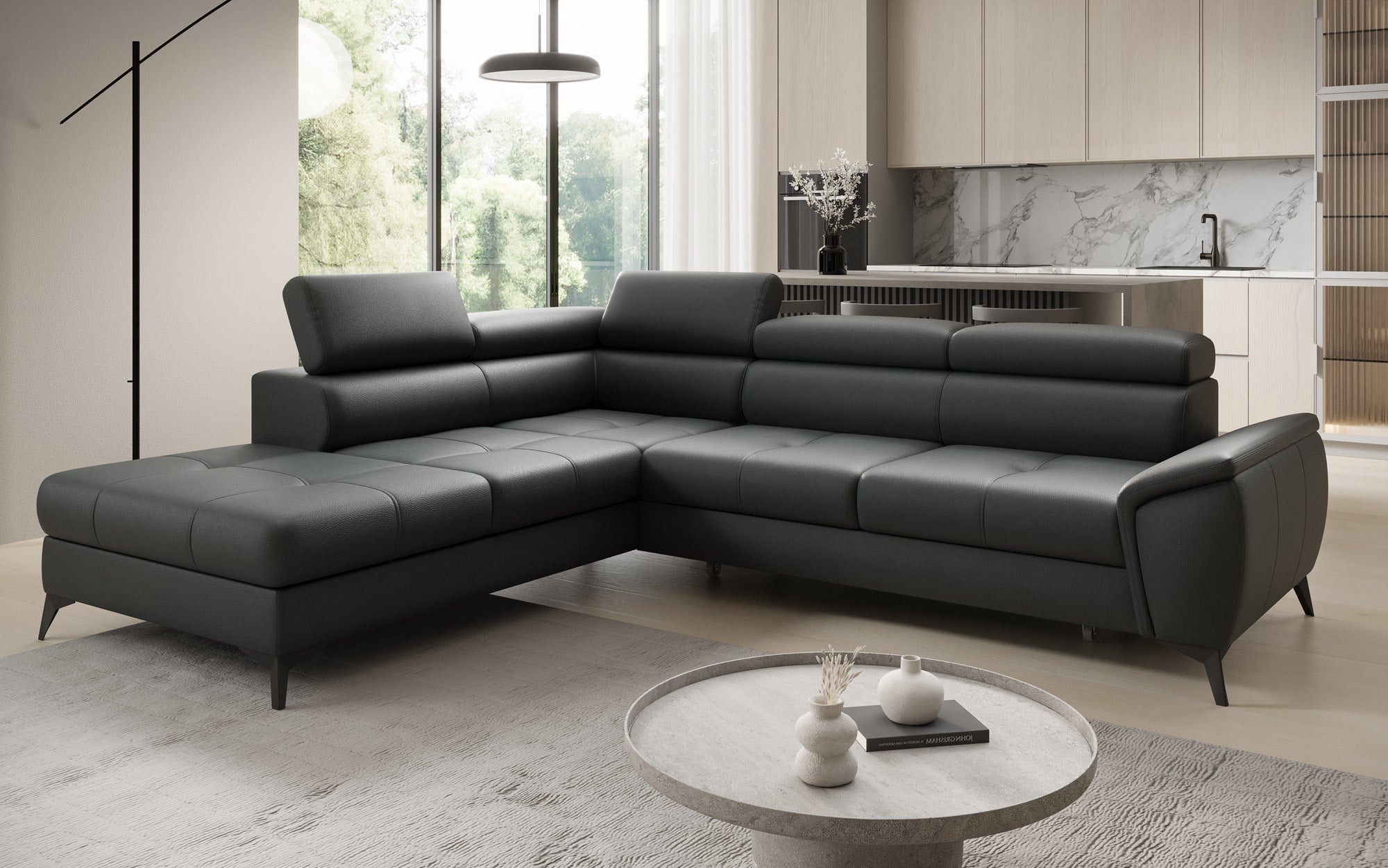 Designer L Sofa Aveline mit Schlaffunktion und Stauraum in Echtleder