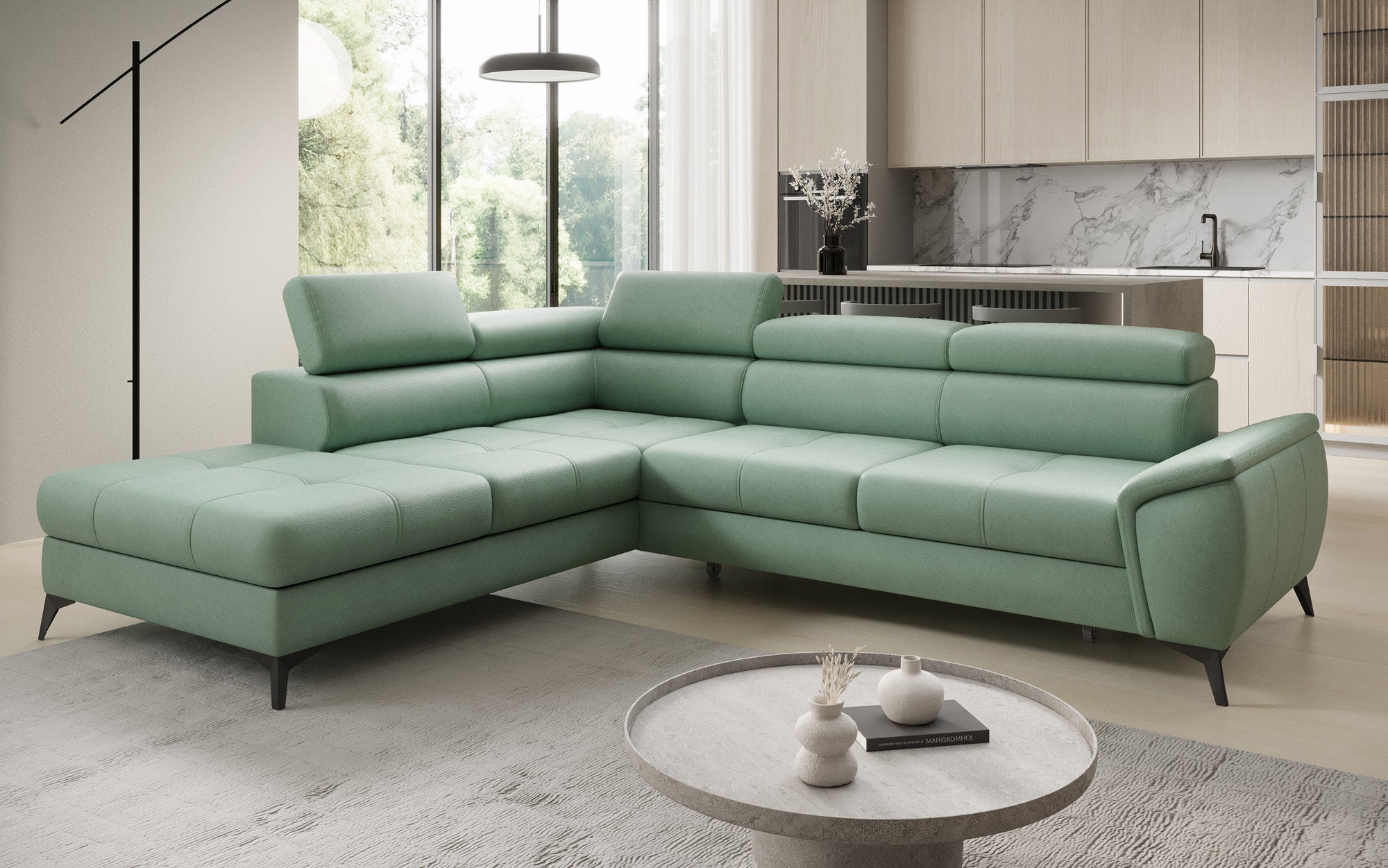 Designer L Sofa Aveline mit Schlaffunktion und Stauraum in Echtleder