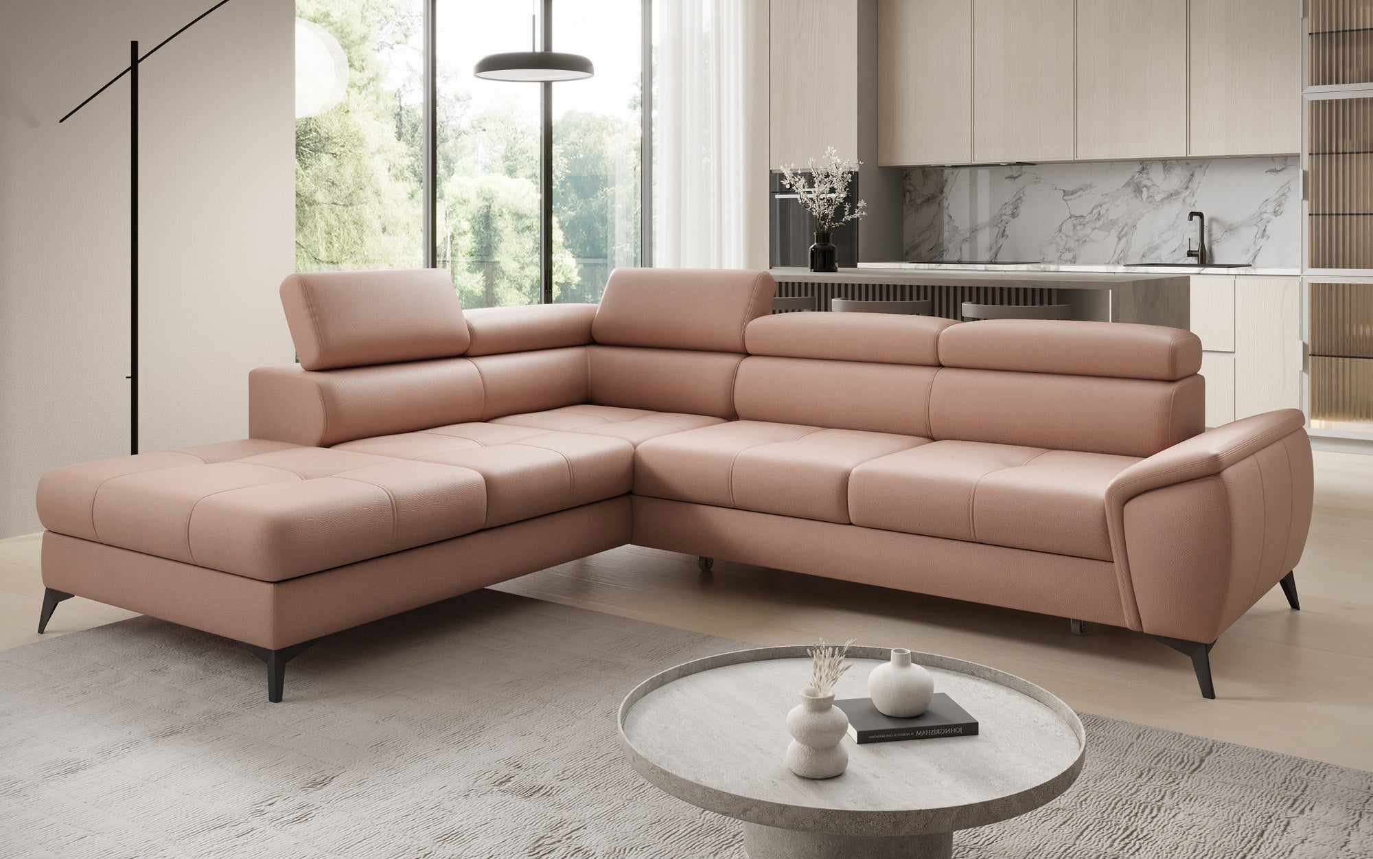 Designer L Sofa Aveline mit Schlaffunktion und Stauraum in Echtleder
