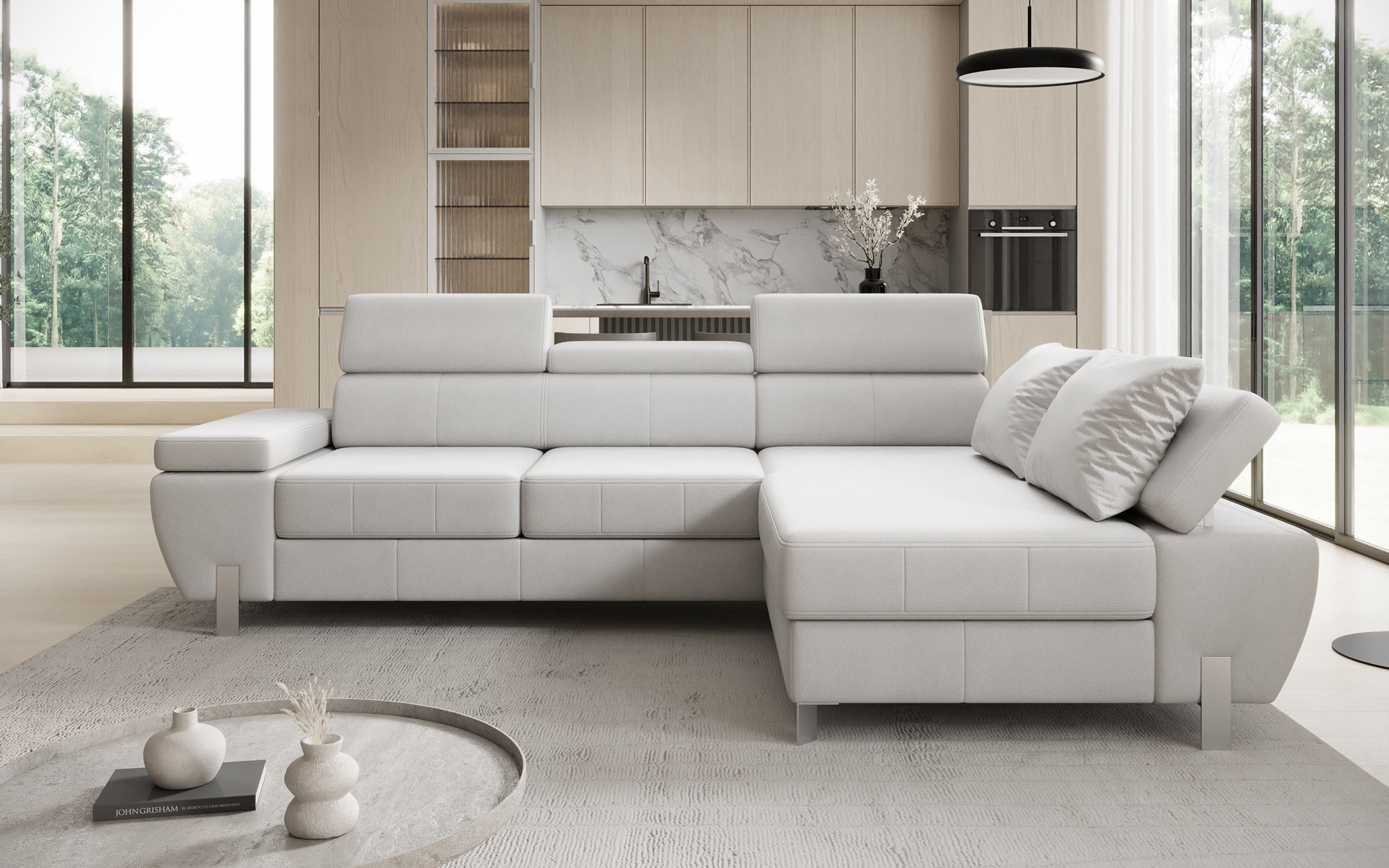 Designer L Sofa Calista mit Schlaffunktion und Stauraum in Echtleder