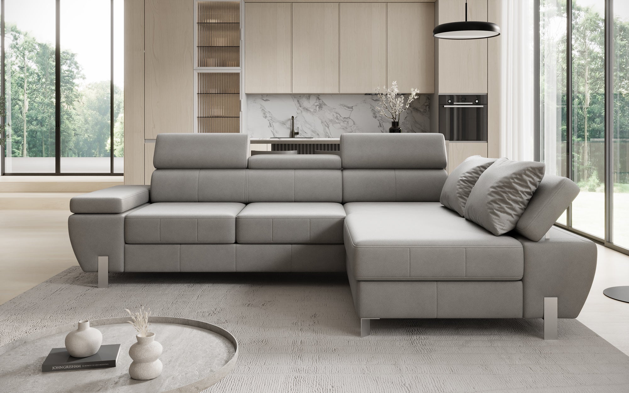 Designer L Sofa Calista mit Schlaffunktion und Stauraum in Echtleder