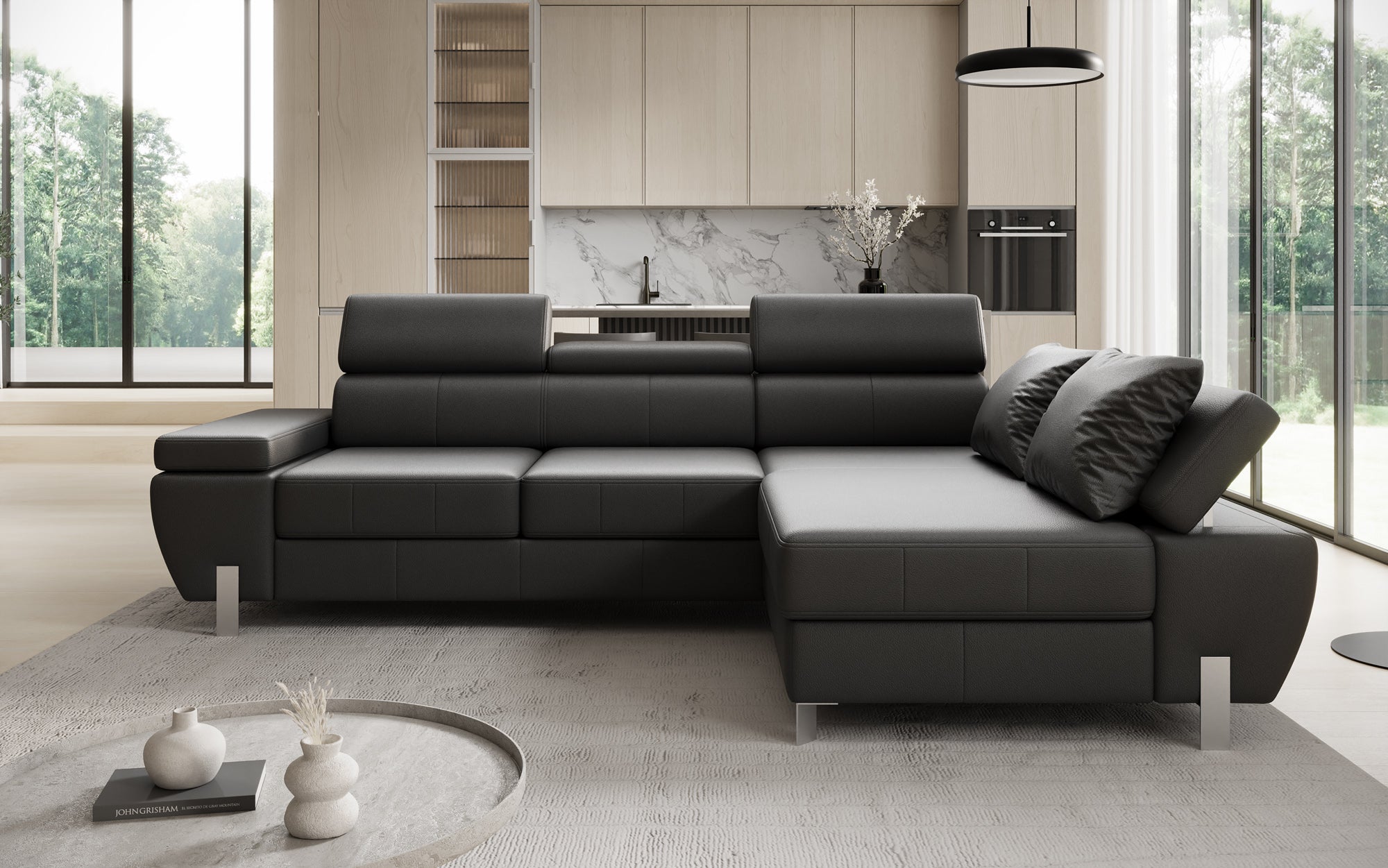 Designer L Sofa Calista mit Schlaffunktion und Stauraum in Echtleder