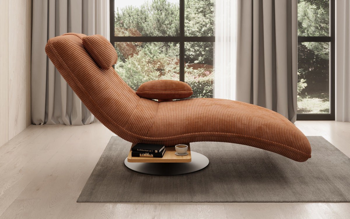 Designer Relax-Liege Velor Cord mit Drehfunktion und Beistelltisch