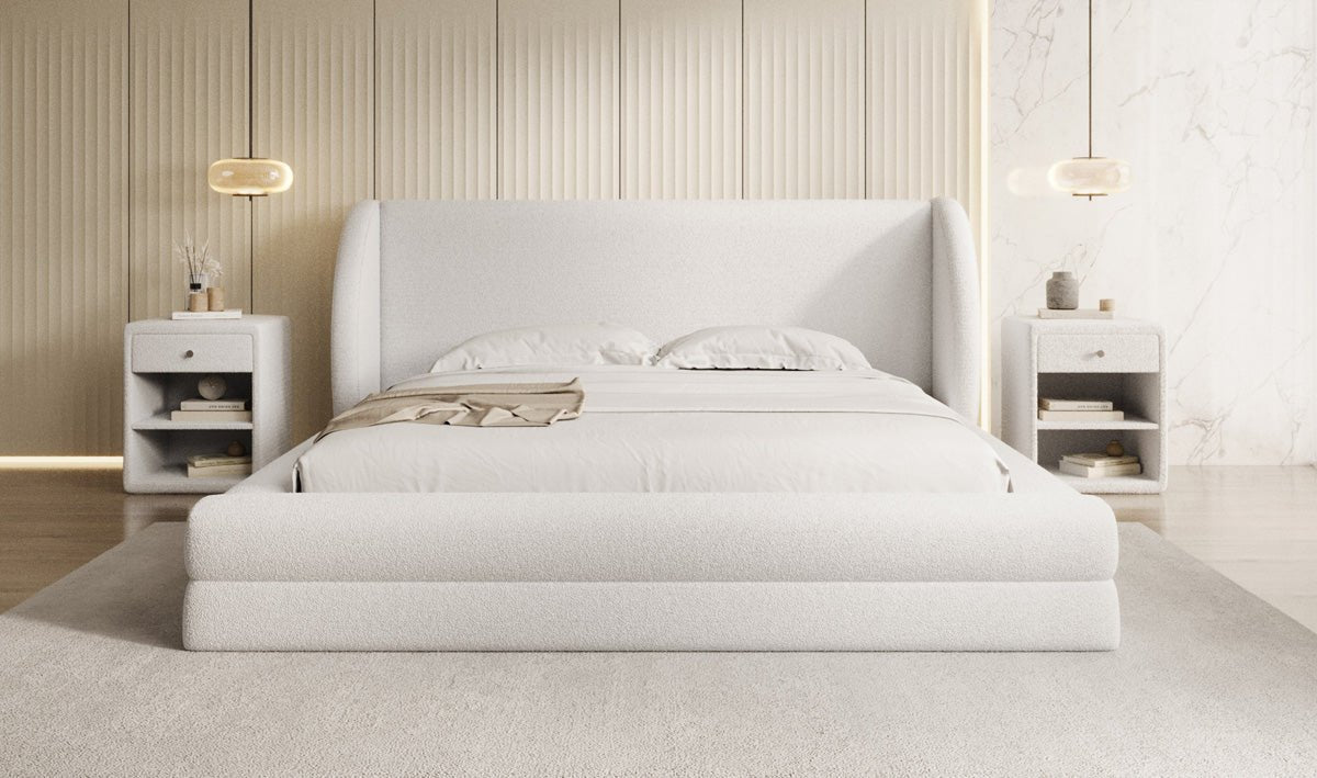 Designer Polsterbett Liv in Teddy Bouclé mit Stauraum