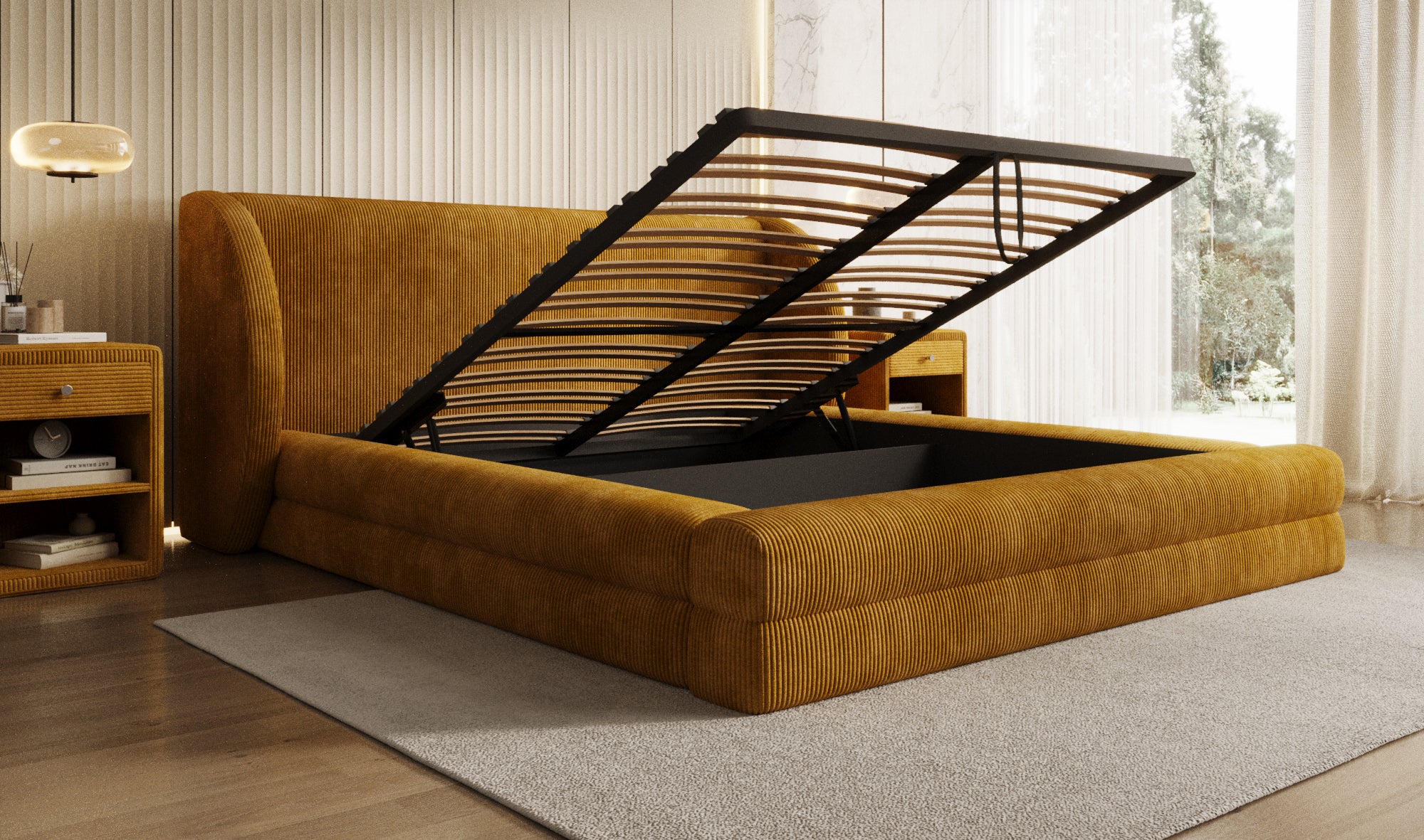 Designer Polsterbett Liv Cord mit Stauraum