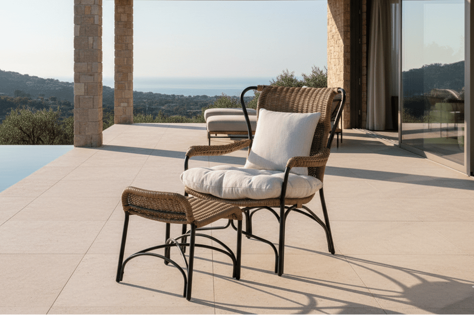 Garten- Loungesessel Asia - mit schwarzem Gestell und hellen Kissen