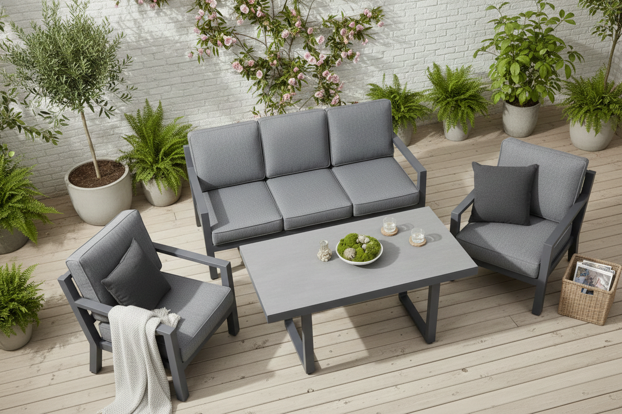 Garten Loungeset Kreta – 4-teiliges Set mit Tisch & dunkelgrauen Kissen