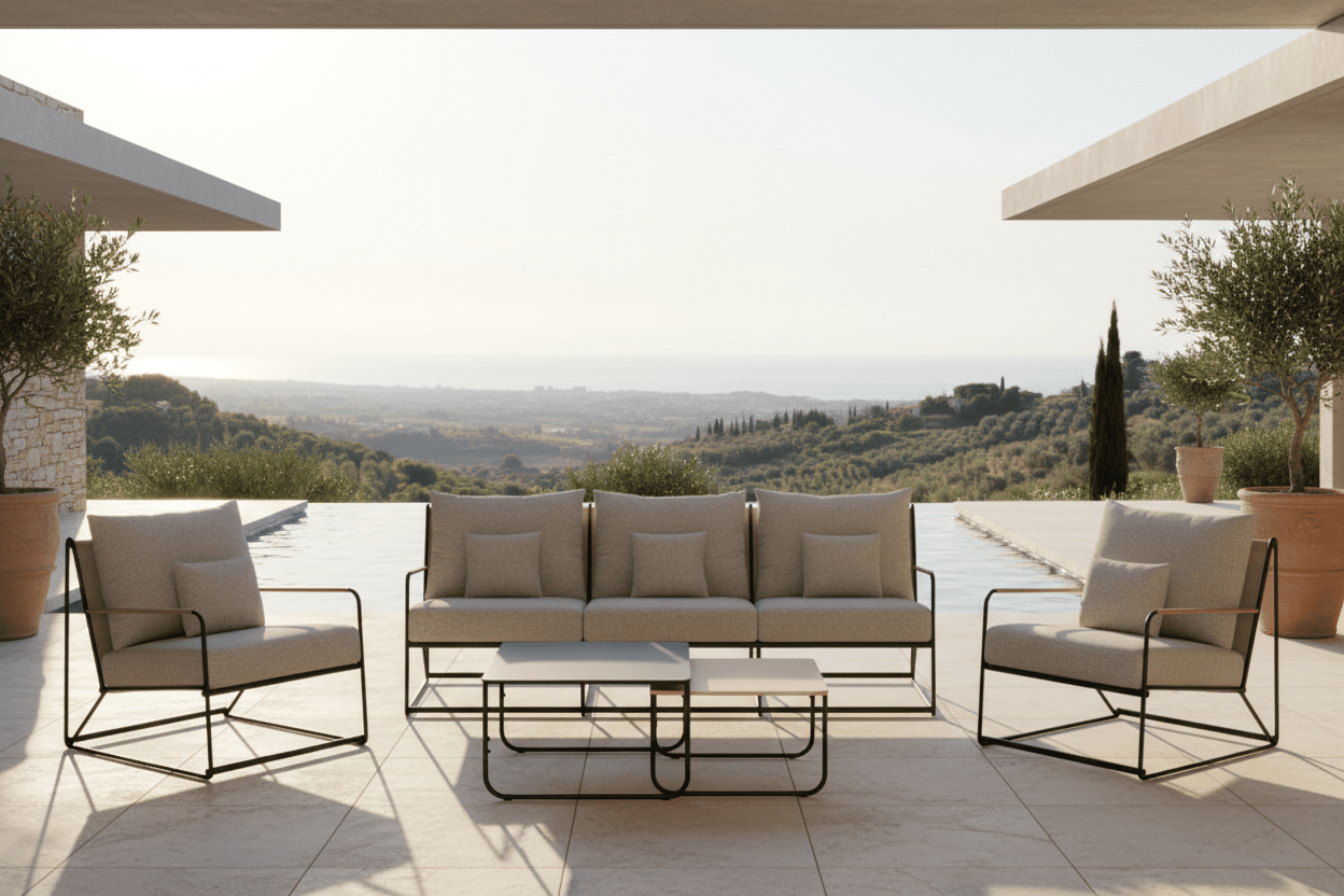 Garten Loungeset Nivo – 5-teiliges Set mit beigen Bouclé-Kissen