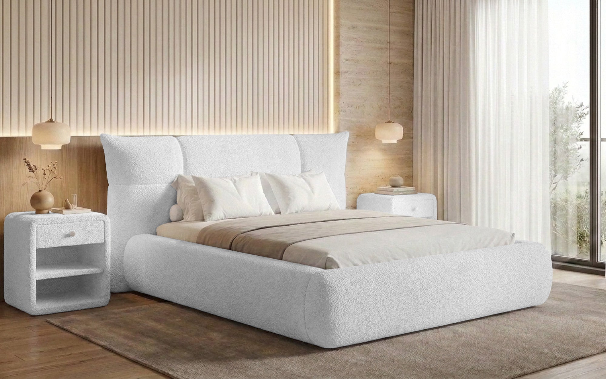 Designer Polsterbett Gioia in Teddy Bouclé mit Stauraum