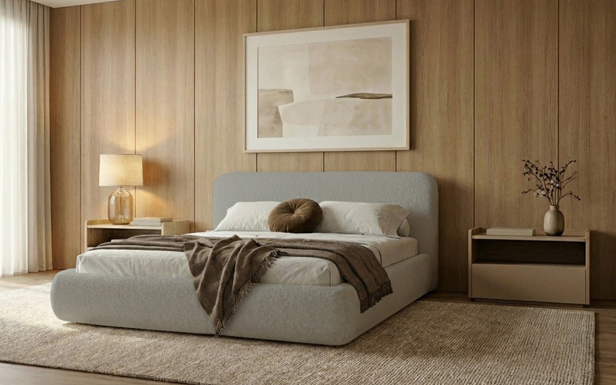 Designer Polsterbett Arosa in Bouclé mit Stauraum