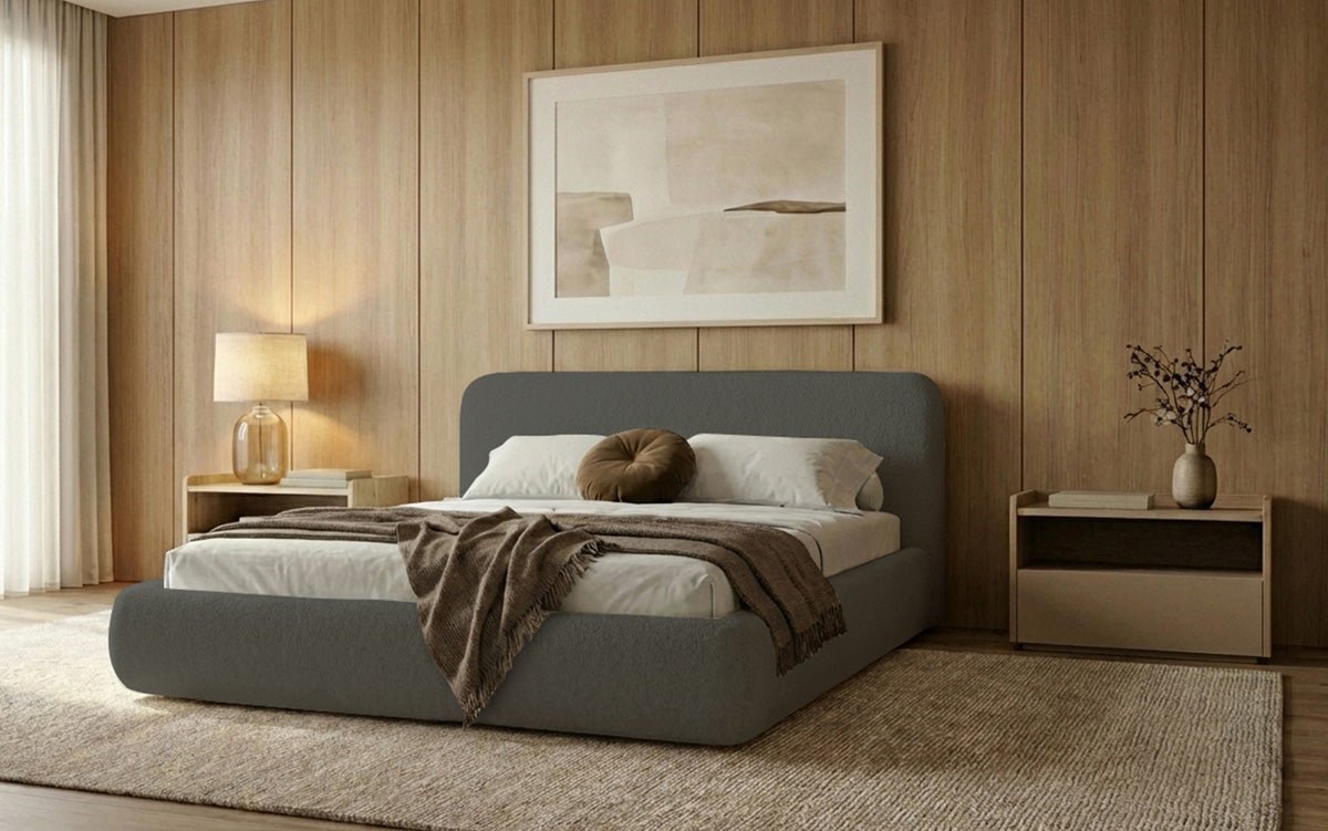 Designer Polsterbett Arosa in Bouclé mit Stauraum