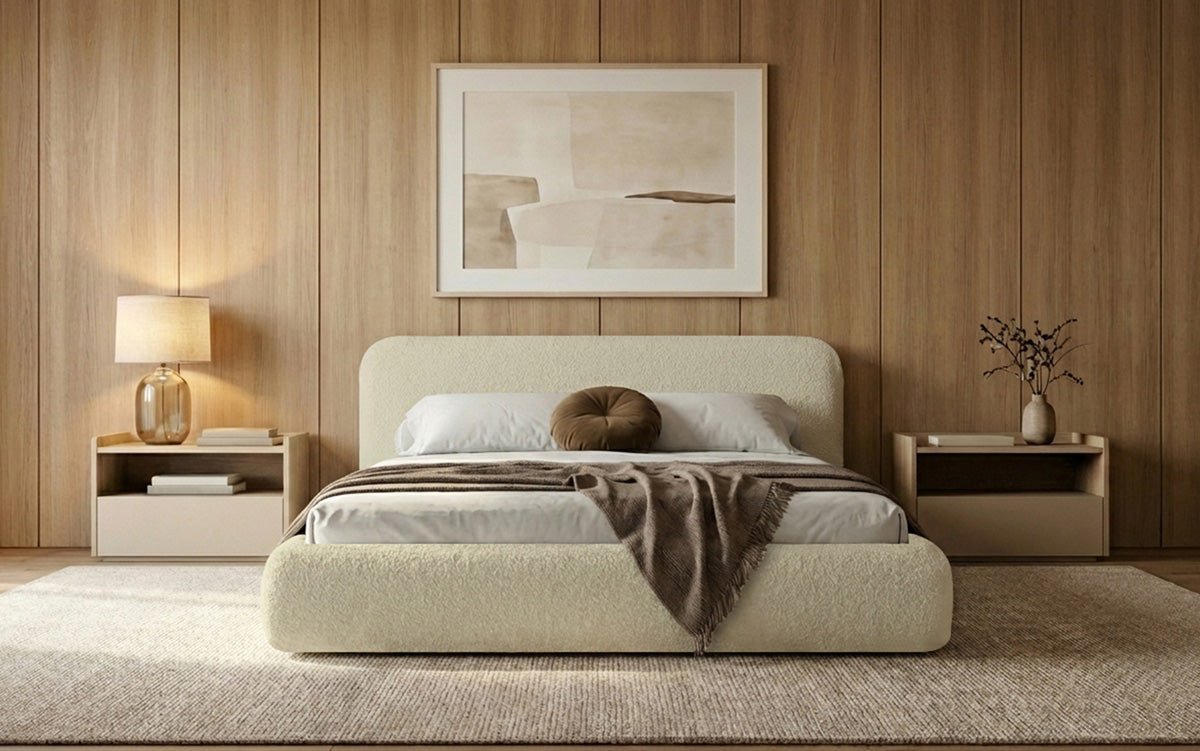 Designer Polsterbett Arosa in Bouclé mit Stauraum