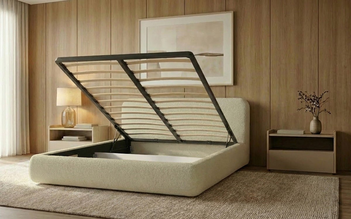 Designer Polsterbett Arosa in Bouclé mit Stauraum